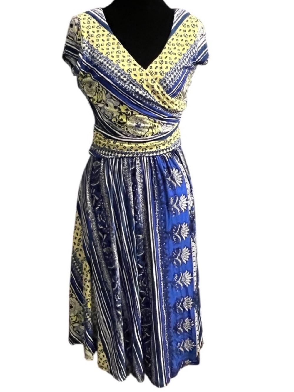 Maeve by Anthropologie Blue Yellow Patterned Wrap Dress S